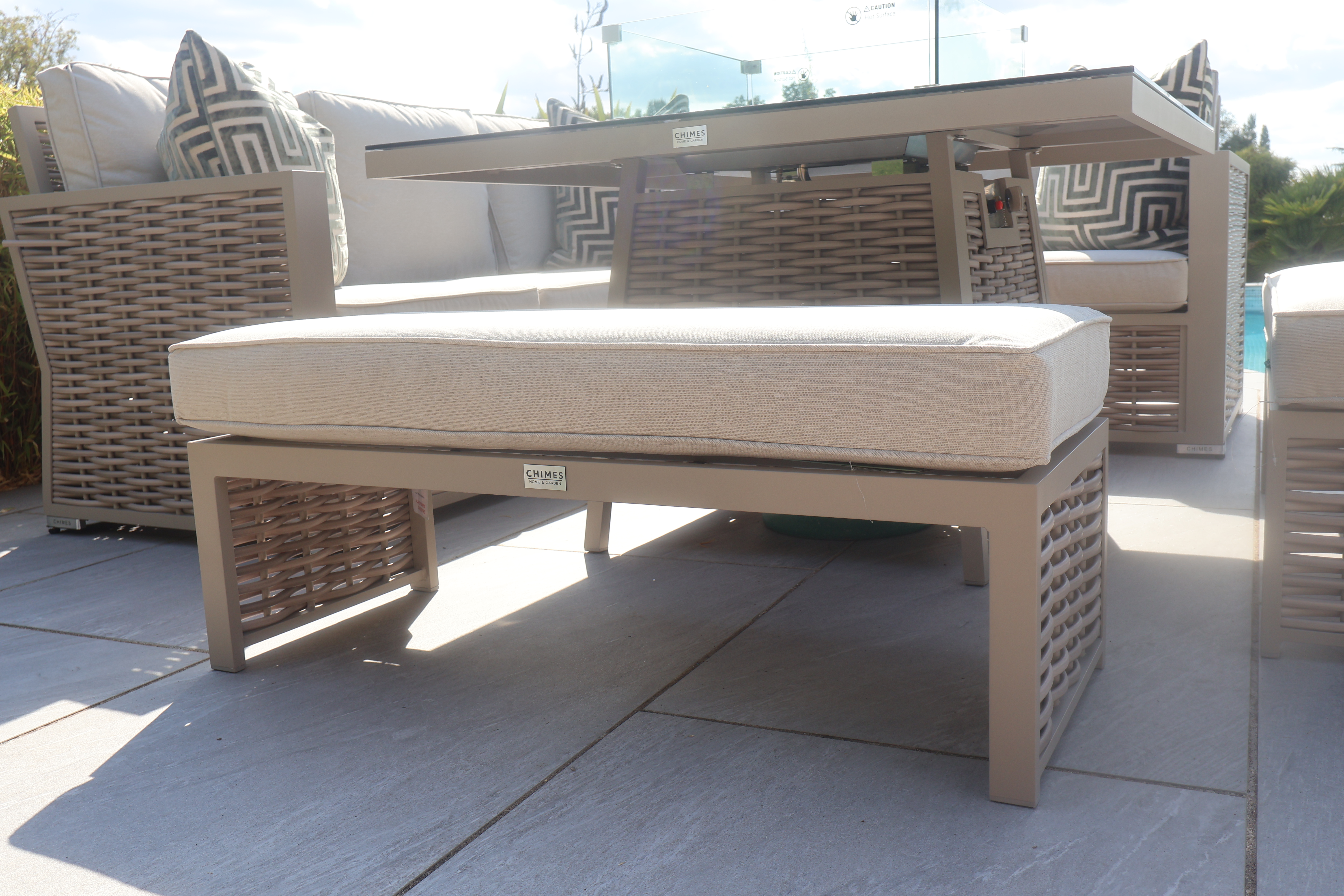 Chimes - Monaco Aluminium Compact Corner Dining Set with Firepit Table - Rope Weave - Cream